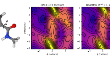 Free energy surface of unseen alanine-dipeptide Comparison of the samples obtained by running ground truth MD and boostMD. The free energy of the Ramachandran plot, is directly related to the marginalized Boltzmann distribution exp [−F(ϕ, ψ)/kBT]. The reference model is evaluated every 10 steps. Both simulations are run for 5 ns (5 × 106 steps).