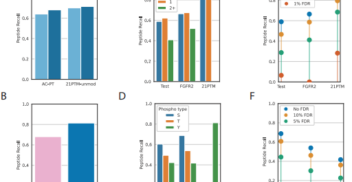 Figure 2. Benchmarking and evaluation of InstaNovo-P predictions. A) Comparison of Instanovo and InstaNovo-P peptide recall on the AC-PT (Proteome Tools I-III) and 21PTM dataset. B) Comparison of PrimeNovo and InstaNovo-P peptide recall on the 21PTM dataset. C) Peptide recall for each test dataset for all peptides, and peptides with different number of phosphorylated sites per peptide. D) Peptide recall for each test dataset split by type of phosphorylated residue. E) Peptide recall in each dataset for different FDR thresholds as calculated by database grounding. F) Peptide recall for different FDR thresholds, split by phosphorylated residue type in the FGFR2 dataset.